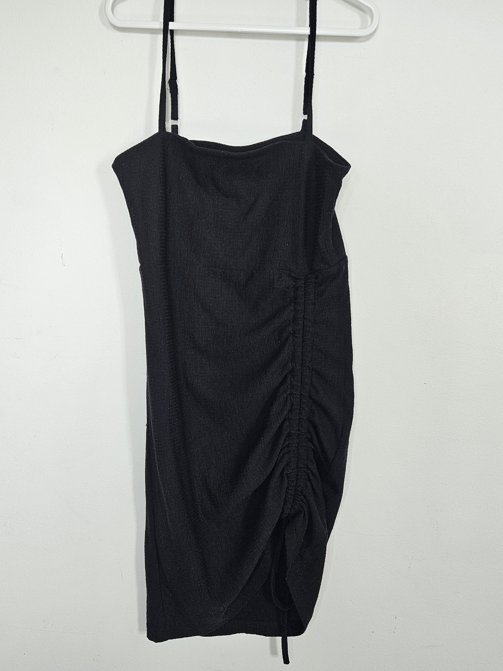 Redlips Black Textured Ruched Side String Mini Dress Adjustable Straps Small